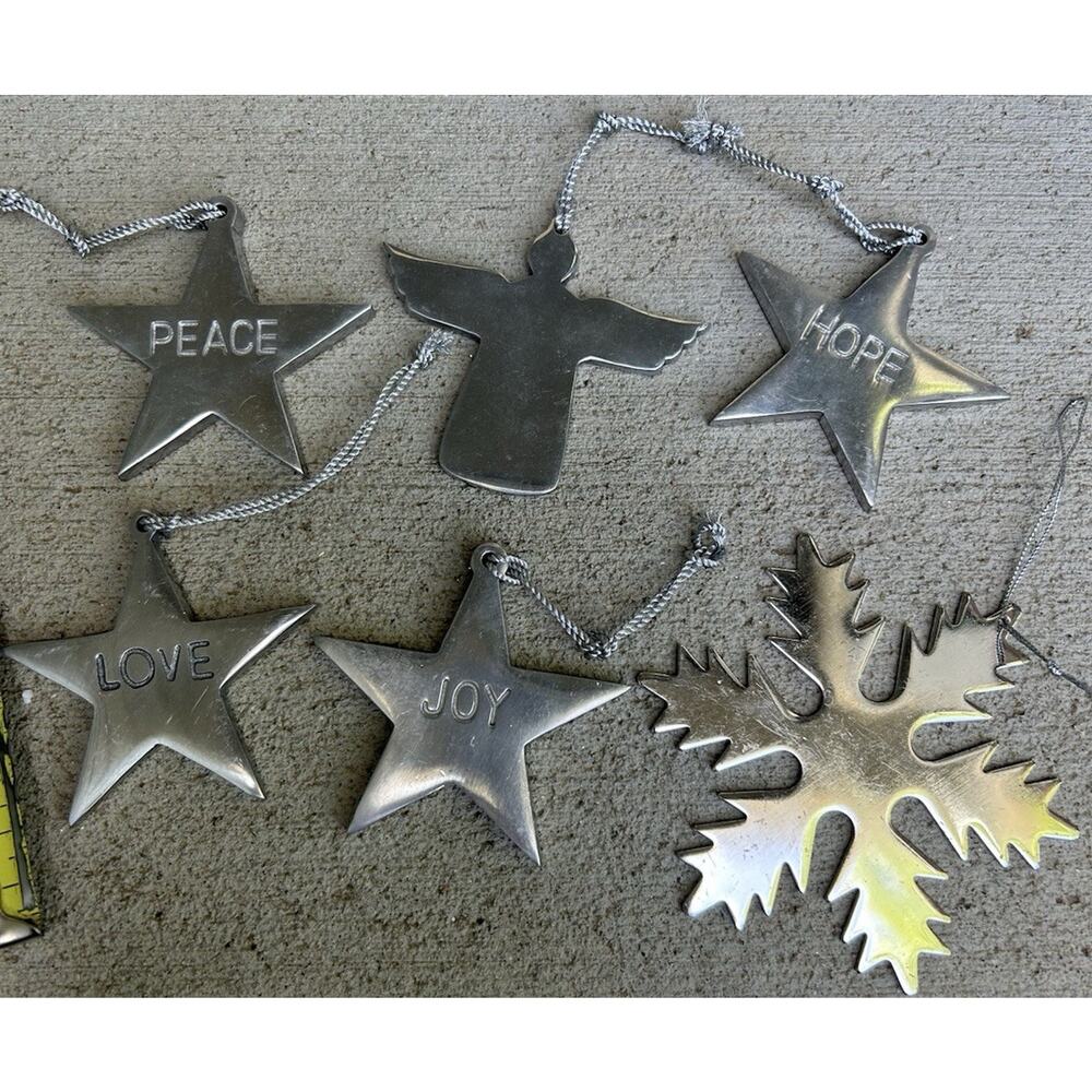 Set of 6 Silver Metal Christmas Hanging Ornaments Stars Angel Snowflake